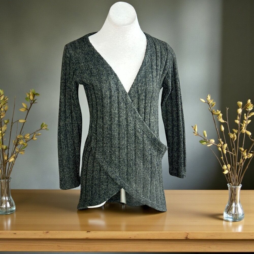 Ruti Sweater Green Black Marl Ribbed Knit Faux Wrap Tunic Size 0